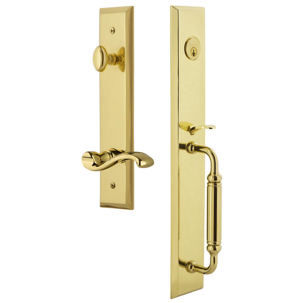 Grandeur by Nostalgic Warehouse FAVCGRPRT Fifth Avenue One-Piece Handleset with C Grip and Portofino Lever in Lifetime Brass